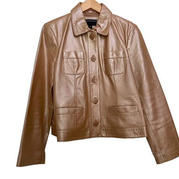 BERNARDO gold beige genuine leather jacket blazer soft contemporary pocket funky - Picture 2 of 16